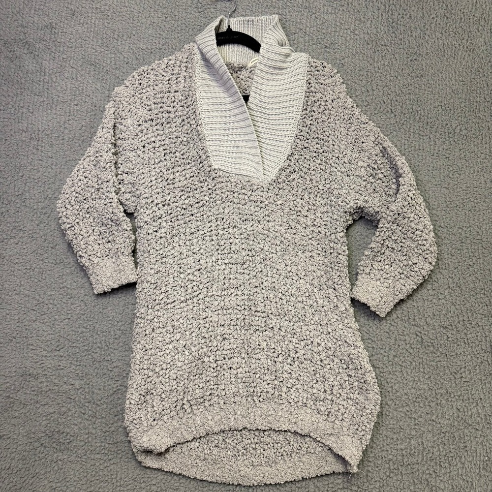 ANDTHEWHY Women's Gray Popcorn Knit Sweater Tunic S/M Shawl Collar Pullover